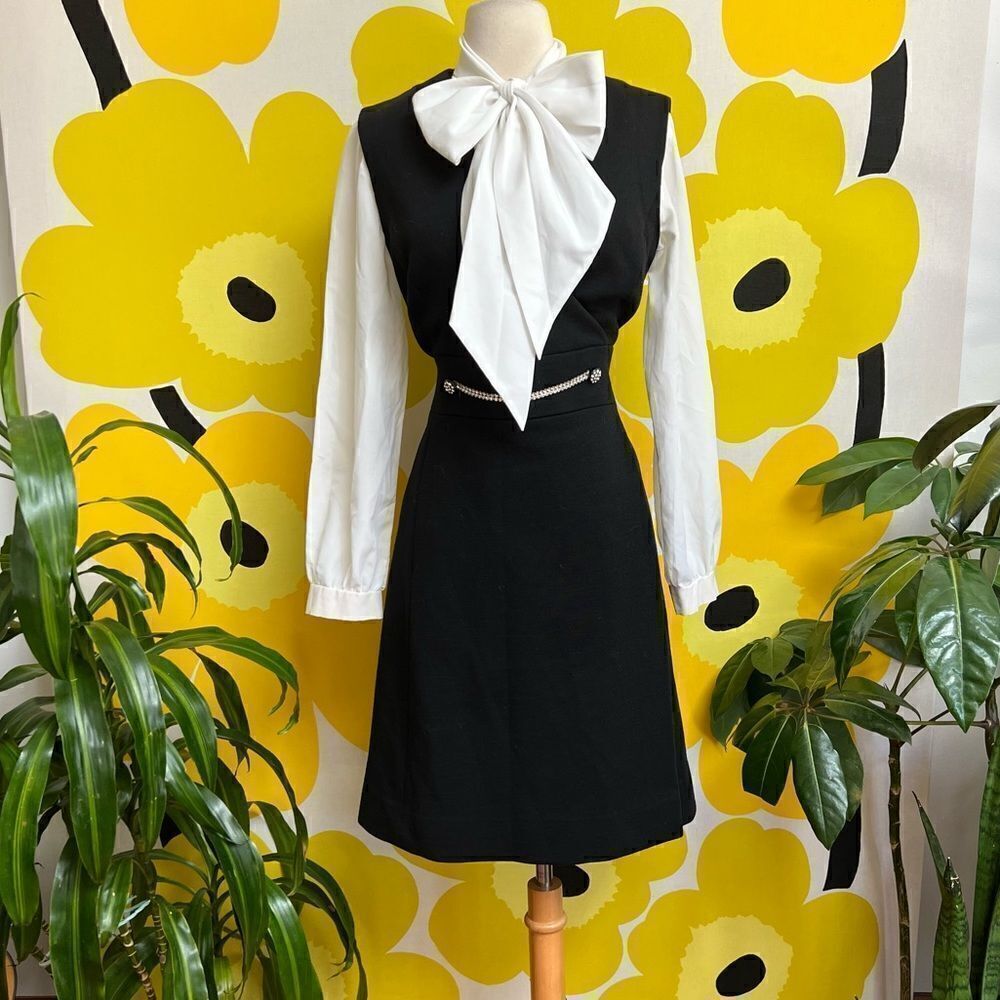 Mod Black Sleeveless Vintage 1960s / 1970s Knit Rhinestone Accent Mini Dress